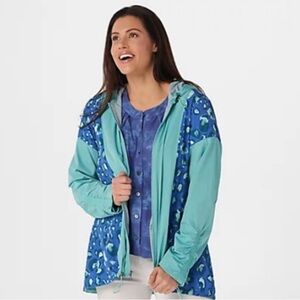 LOGO NWOT Blue Teal Leopard Animal Print Hooded Windbreakers Oversized Jacket XS